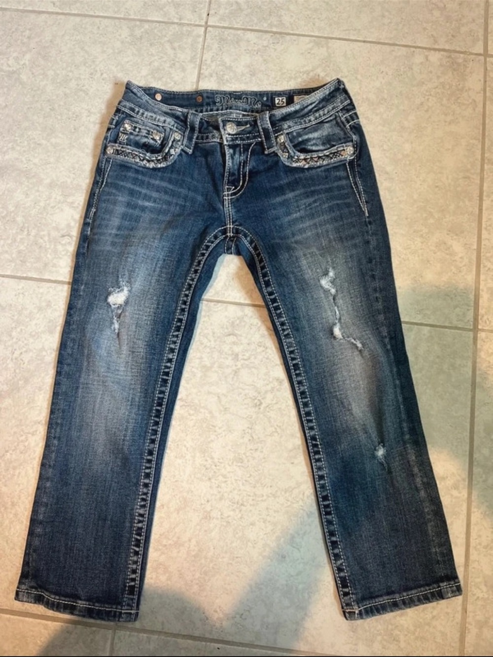 Miss Me Distressed Dark Blue Cropped Jeans